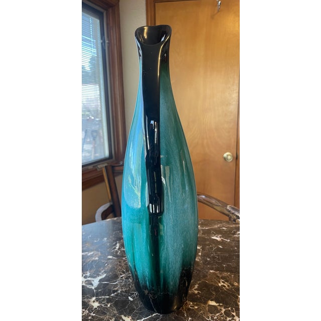 1990s Glazed Pottery Pitcher in Blue and With Black Accents For Sale - Image 5 of 6