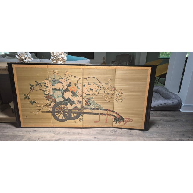 Beautiful Japanese Showa period four-panel silkscreen depicting a colorful Hanaguruma or flower cart. A bountiful...