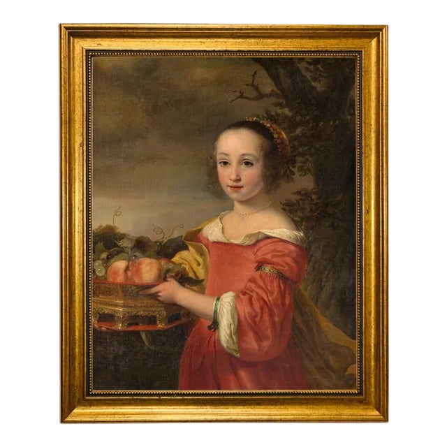 "Petronella Elias with a Basket of Fruit" Contemporary Reproduction Print on Canvas After Ferdinand Bol, Framed For Sale