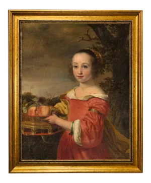 "Petronella Elias with a Basket of Fruit" Contemporary Reproduction Print on Canvas After Ferdinand Bol, Framed