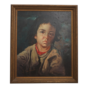 g.brugolin Vintage Oil Painting on Canvas of Crying Young Boy