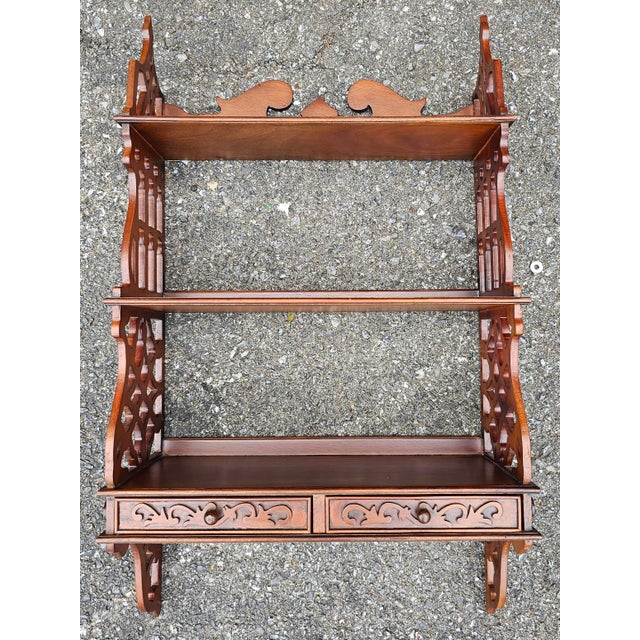 Chinese Chippendale Mahogany Two Drawer Hanging Wall Shelf For Sale - Image 9 of 12