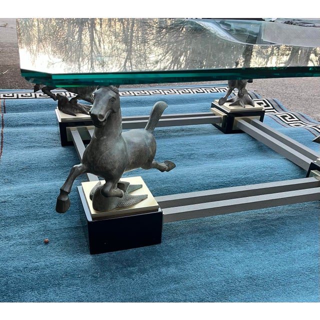 Metal 1970s French Maison Charles Flying Horses of Gansu Bronze & Brass Cocktail Table For Sale - Image 7 of 7