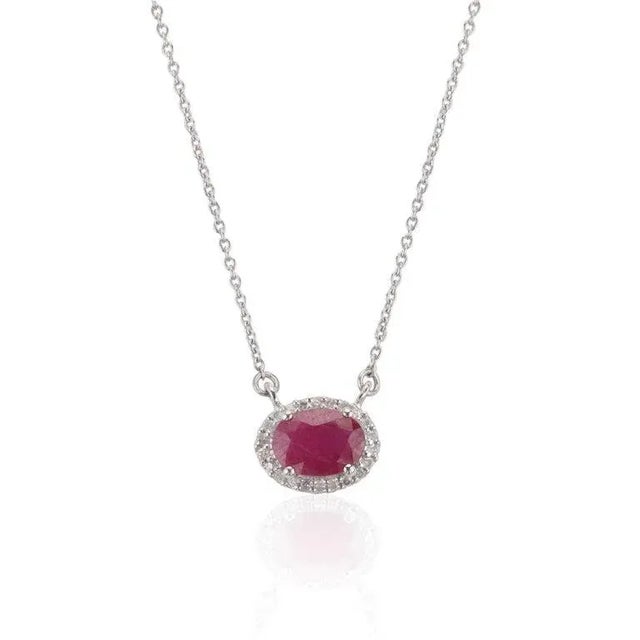 Not Yet Made - Made To Order 14k Gold Oval Halo Diamond Ruby Birthstone Necklace for Her For Sale - Image 5 of 13