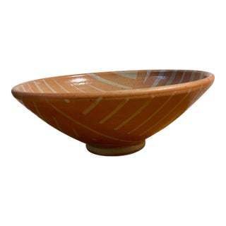 Signed Vintage Ceramic Pedestal Bowl Hand Painted Stripes For Sale