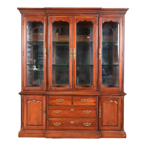 Thomasville Georgian Carved Cherry Wood Lighted Breakfront Bookcase or Display Cabinet