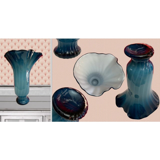 Art Glass Bluish Teal Handkerchief Vase For Sale - Image 12 of 12