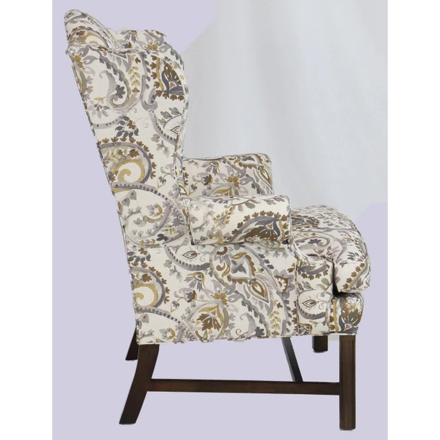 A beautiful Sherrill Furniture American made high back modern wing chair done in a high grade decorative pattern fabric....
