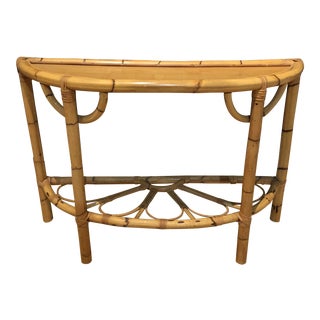1970s Mid Century Bamboo, Rattan, Flower Demi Lune Foyer Table For Sale