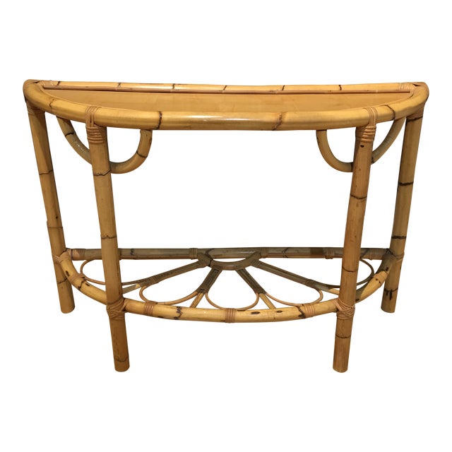 1970s Mid Century Bamboo, Rattan, Flower Demi Lune Foyer Table For Sale