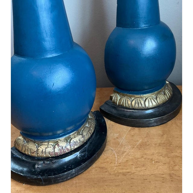 Vintage Blue Gilt Accented Table Wood Half Lamps - Pair For Sale - Image 11 of 11