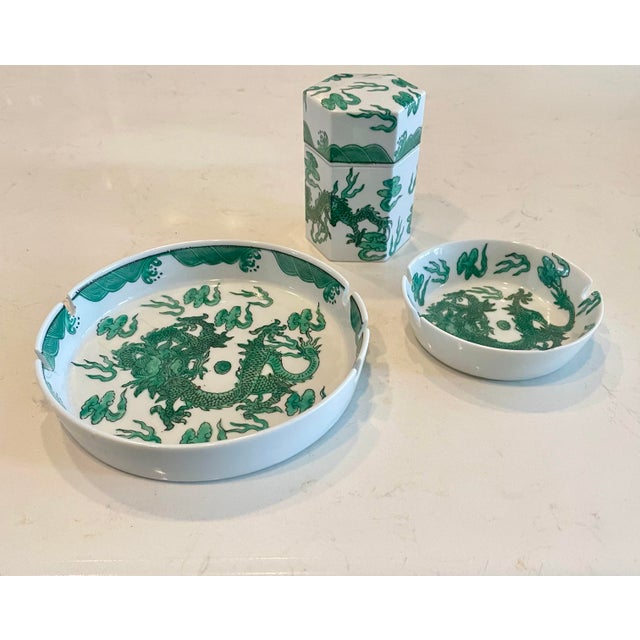Japanese Vintage Japanese Green Dragon Porcelain Ashtrays & Holder Set - 3pc. Set For Sale - Image 3 of 8