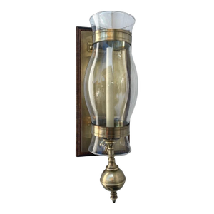 Vintage Mid Century Brass Hurricane Candle Wall Sconce With Wooden Wall Mount With Brass Plate.