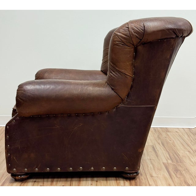 Brown Vintage Restoration Hardware Leather Churchill Cigar Chair and Ottoman With Nailheads For Sale - Image 8 of 18