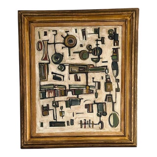Contemporary Abstract Cream Modern Tribal Motif Inspired Painting, Framed For Sale