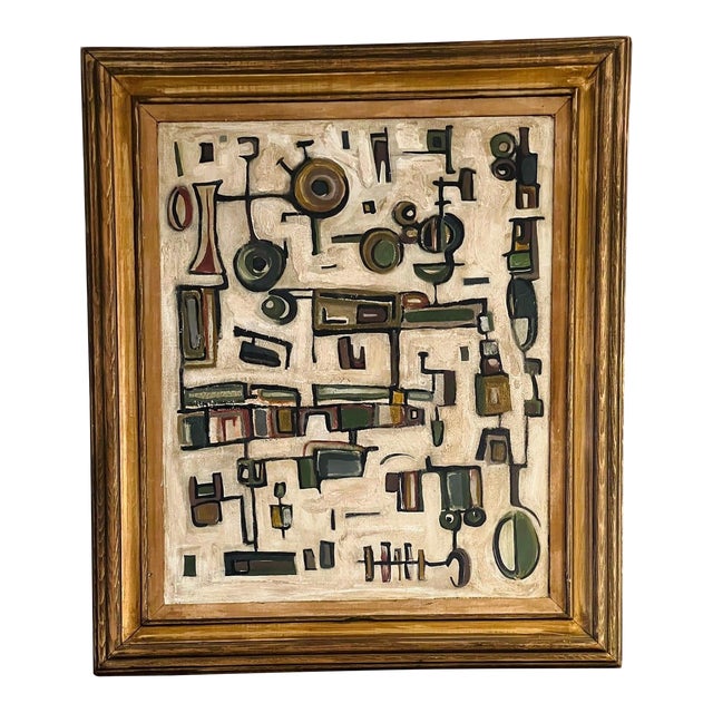 Contemporary Abstract Cream Modern Tribal Motif Inspired Painting, Framed For Sale