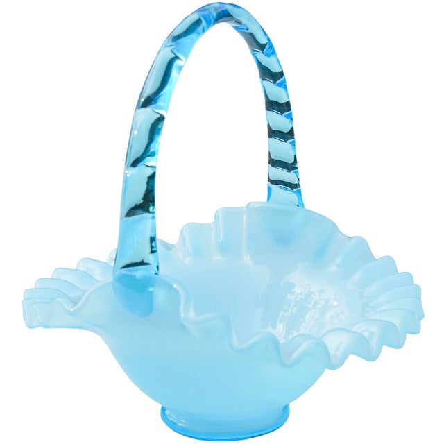 Contemporary Mid 20th Century Handblown Blue Art-Glass Ruffled Basket Accent For Sale - Image 3 of 7