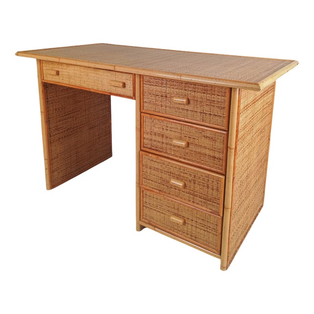Vintage Italian Writing Desk with Drawers in Bamboo, Rattan and Plywood, 1970s For Sale