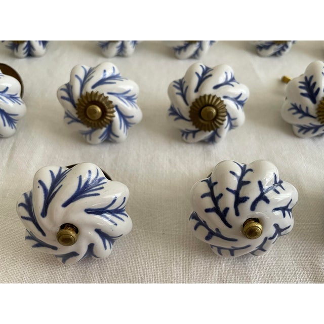Late 20th Century Vintage Hand Painted Blue and White Ceramic Pulls, Set of 24 For Sale - Image 4 of 5