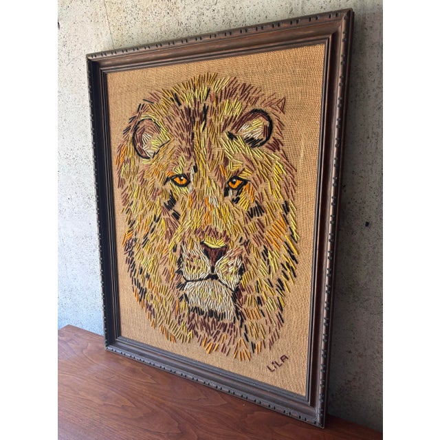 Wood Vintage Lion Needlepoint Wall Art in Carved Wood Frame, 1960s For Sale - Image 7 of 8
