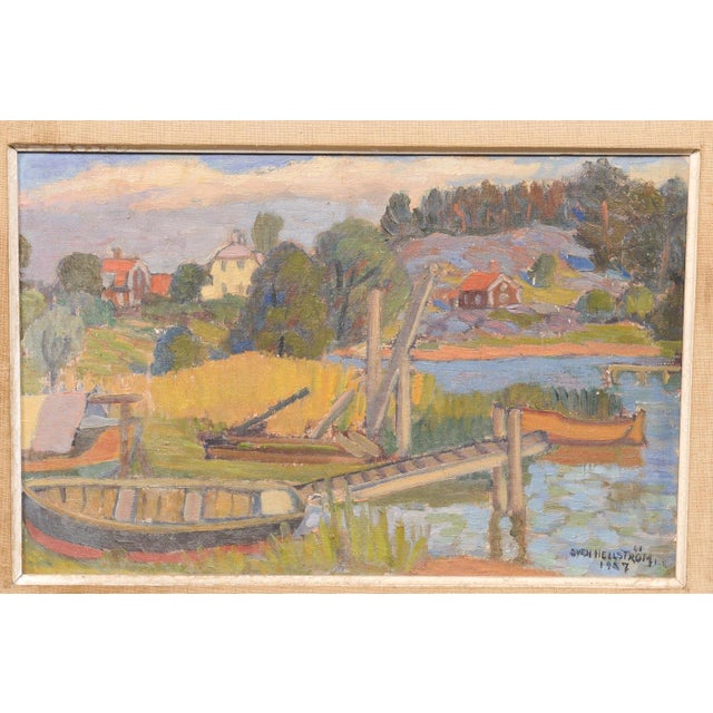 Wood Swedish Waterfront Village Painting, c.1957 For Sale - Image 7 of 12