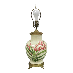 Vintage Art Nouveau Style Pink Flower Painted Porcelain Table Lamp by Wildwood