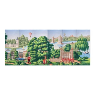 Whimsical London Scenic Hand-Painted Panoramic Wallpaper, 6-Panel Set For Sale