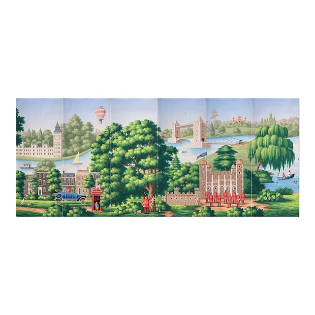 Whimsical London Scenic Hand-Painted Panoramic Wallpaper, 6-Panel Set For Sale