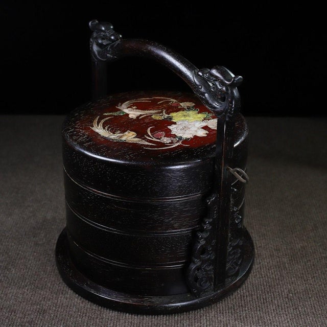 Black Vintage Chinese Zitan Rosewood Inlaid "Bird & Flower" Tiered Round Picnic Box For Sale - Image 8 of 9