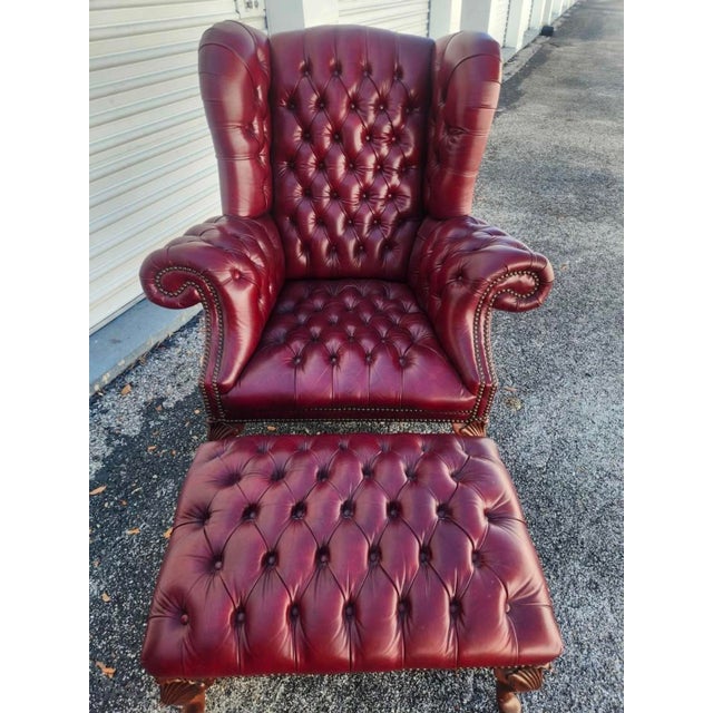 Burgundy Vintage Carolina Leather House Oxblood Tufted Chesterfield Sofa, Wingback Chair & Ottoman - 3 Piece Set For Sale - Image 8 of 18