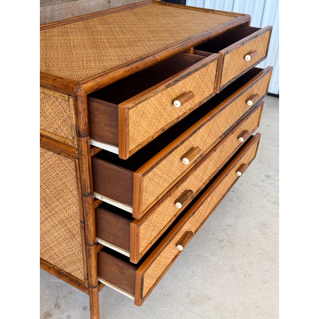 Contemporary Vintage E. Murio Manila Refinished Rattan & Raffia Five Drawer Chest For Sale - Image 3 of 12