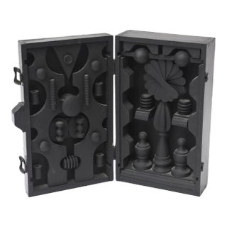 90's Louise Nevelson Style Dimensional Black Wood Assemblage Box Sculpture SIgned For Sale