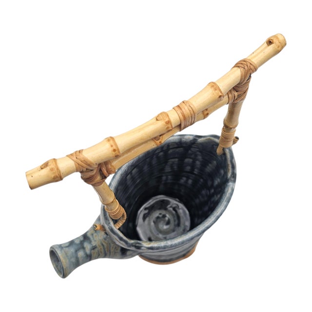 John Kinder Bend Oregon Studio Pottery Teapot Planter Bamboo Handle 12.5" For Sale - Image 12 of 13