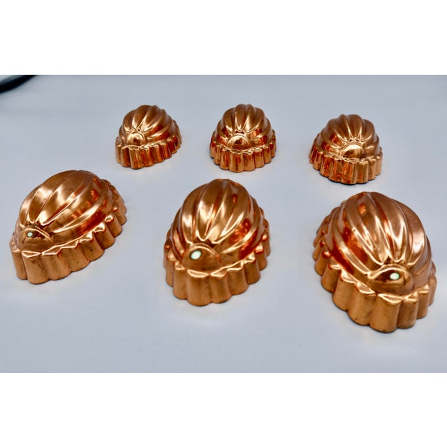 French Country Set of 6 Vintage Tin-Lined Copper Fluted Molds With Brass Hanging Rings For Sale - Image 3 of 11
