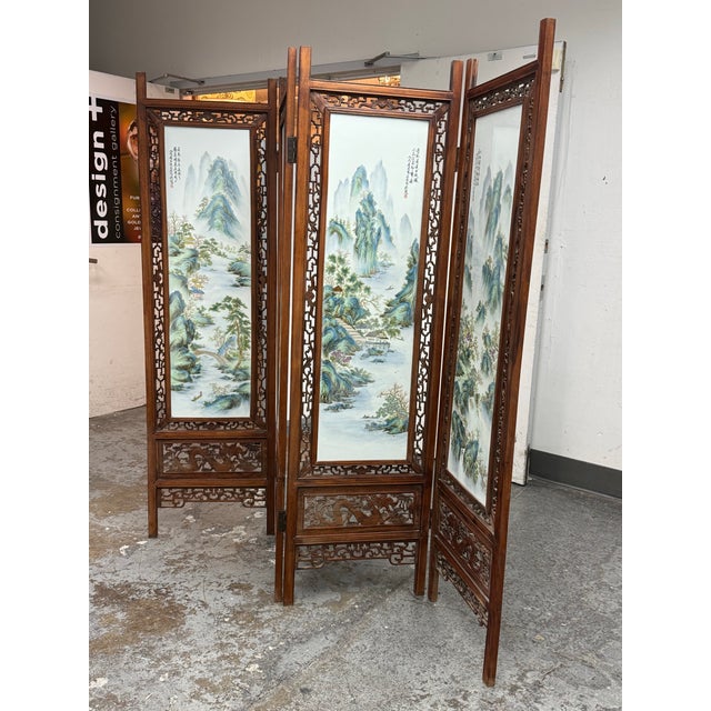 Design Plus Gallery presents a Vintage Chinese Four-Panel Folding Screen. This vintage four-panel folding screen has a...
