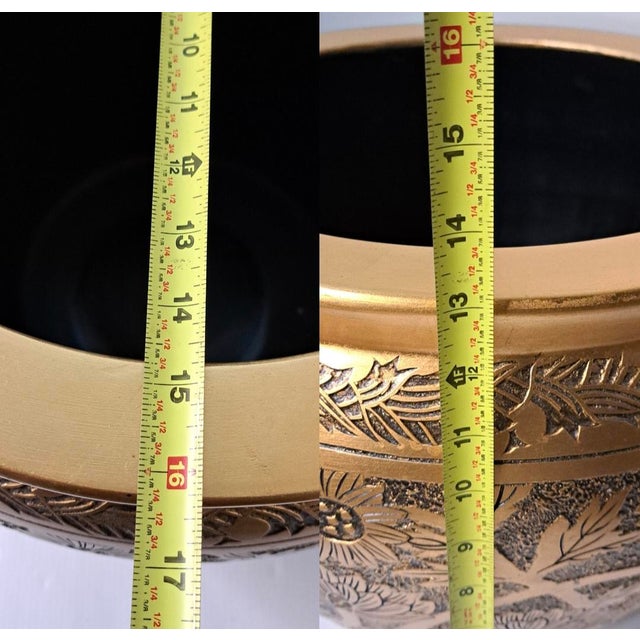 Large Vintage Chinoiserie Black & Gold Embossed Ceramic Cachepot Planter For Sale - Image 11 of 12