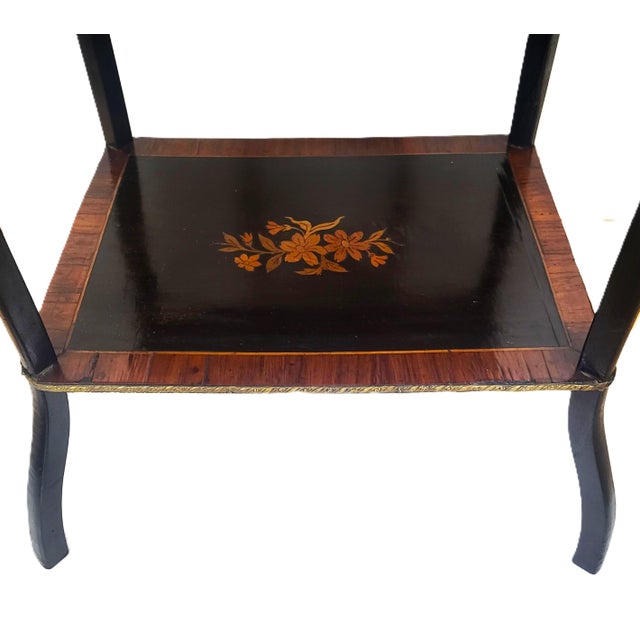 19th C French Inlaid 3 Tier Rosewood Ebony & Bronze Gallery Table Stand Etegere For Sale - Image 13 of 15