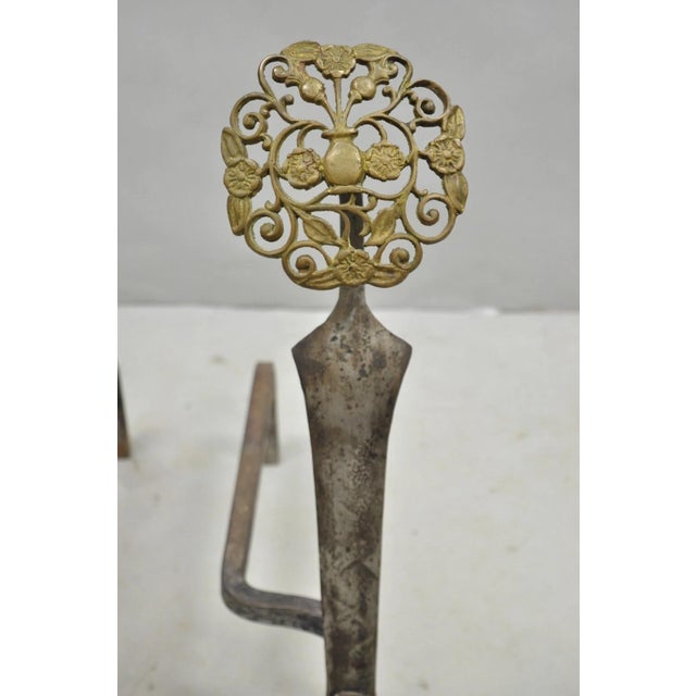 Metal Antique French Art Nouveau Hand Hammered Wrought Iron & Bronze Andirons - A Pair For Sale - Image 7 of 15