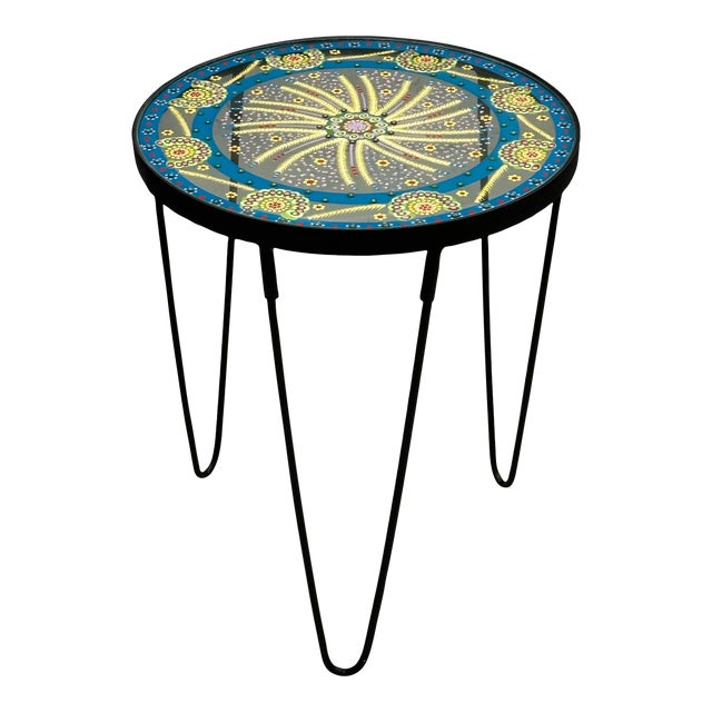 African Hand Painted Glass Round Side Table Blue Chairish