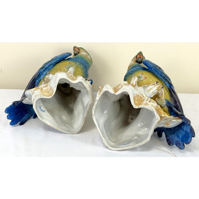 Blue 1940's Germany Hand Painted Large Porcelain Parrots- A Mirrored Pair For Sale - Image 8 of 18