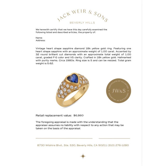 Metal Vintage Heart Shape Sapphire Diamond 18k Yellow Gold Ring, Size 5 For Sale - Image 7 of 7