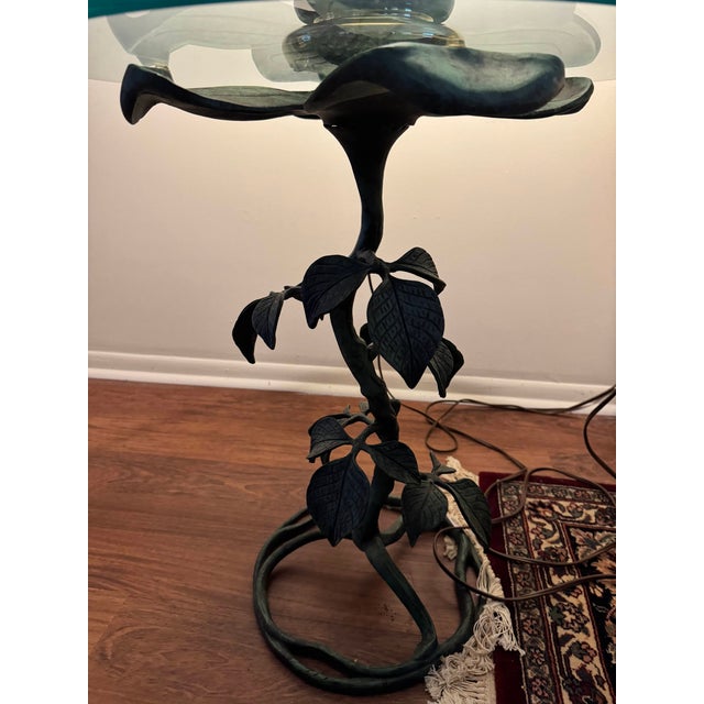 Verdigris Walker-Marlen Mid Century Metal Dogwood Leaf Side Table Round Glass Top Vintage For Sale - Image 8 of 8
