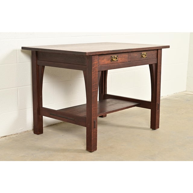 Early 20th Century Gustav Stickley Mission Oak Arts & Crafts Writing Desk or Library Table, Circa 1910 For Sale - Image 5 of 14