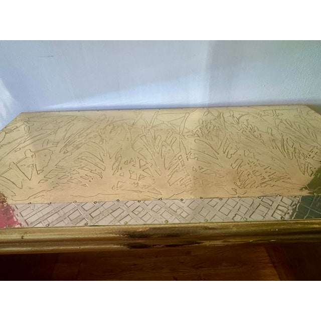 Rodolfo Dubarry Signed Console Table Handcrafted Brass & Pewter Panels Ooak C. 1970’s For Sale - Image 11 of 12