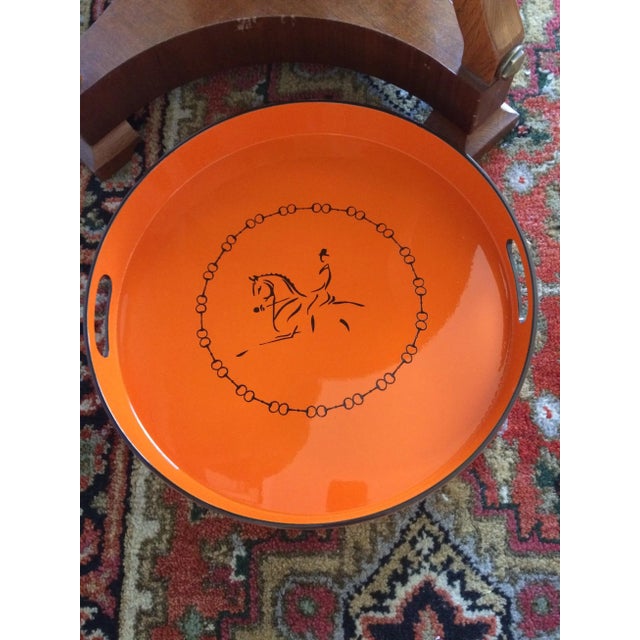Equestrian Motif Hermes Style Orange Lacquered Serving Bar Tray For Sale - Image 9 of 11