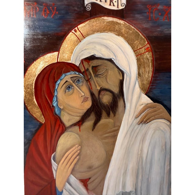 Religious Vintage Original Gold Leaf Russian Icon Mary Jesus Pieta Oil Painting on Wood For Sale - Image 3 of 12