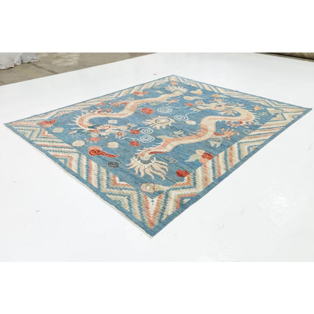 Contemporary Oriental Mythological Dragon Rug - Sky Blue & Terracotta Wool 8x10 For Sale - Image 9 of 11