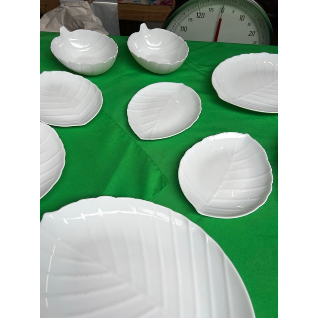 1970s Collection of Milk Glass Leaf Design Serving Dishes- Set of 14 For Sale - Image 11 of 12