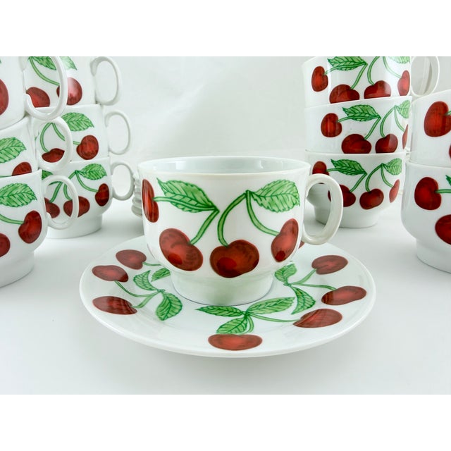 1970s Richard Ginori Cherries Pattern - 6 Cream Soup Bowls, 6 Teacups, 12 Saucers - 24 PCS For Sale - Image 4 of 8