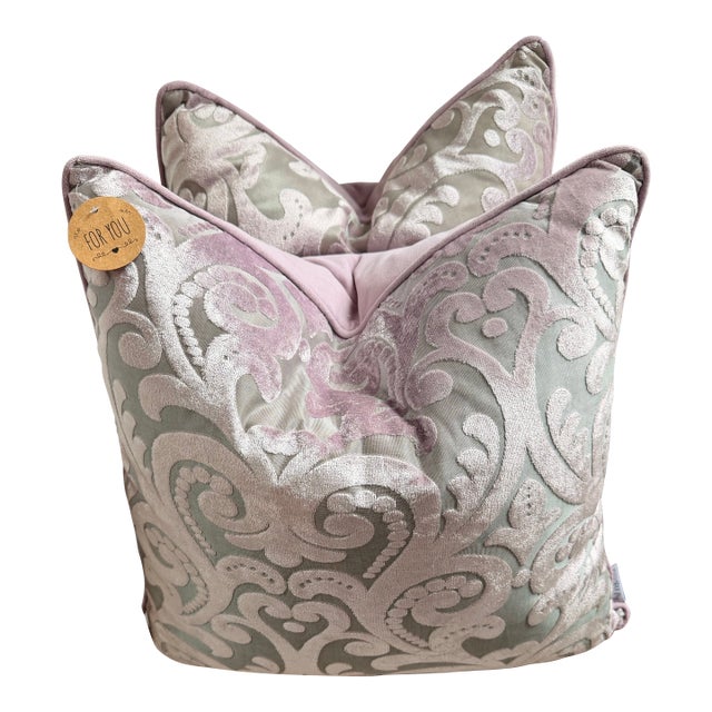 Pair of New Lilac Velvet Damask Throw Pillows With Down Inserts For Sale